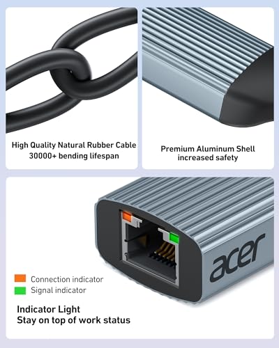 Acer USB C to Ethernet Adapter, Plug and Play RJ45 to Type C Network Dongle(Thunderbolt 3/4 Compatible), 1Gbps Aluminum USB-C LAN Adapter for Laptop, MacBook Pro/Air, iPad Pro, iPhone 15/16, Dell XPS