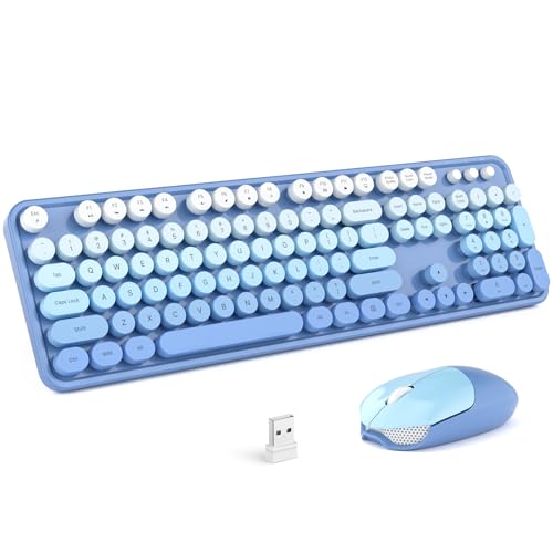 MOFII Wireless Keyboard and Mouse Combo, Full Size 2.4G Plug and Play Typewriter Retro Round Computer Keyboard and Mouse Set for Windows, Computer, Desktop, PC, Notebook - (Blue Gradient) - color: Blue Gradient