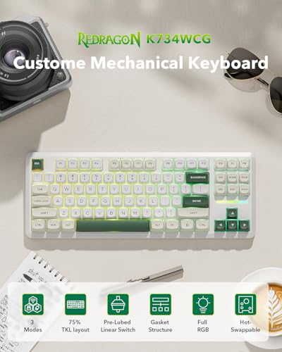 Redragon K734W Wireless Mechanical Keyboard, Tri Mode BT5.0/2.4G/USB-C 75% 81 Keys TKL Custom Hot Swappable Gaming Keyboard, Pre-lubed Linear Switches,RGB Gasket Computer Creamy Keyboard, for PC/MAC - color: Green TKL
