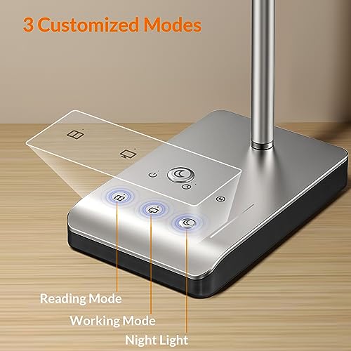 LEPOWER-TEC LED Desk Lamp, 12W Reading Desk Lamp for Office Home with 60 Lighting Modes, Touch Control & Timer Function, 750LM Bright Eye-Caring Gooseneck Desk Light Table Lamp for Study, Work, Silver
