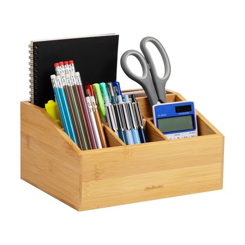 Mind Reader Desktop Organizer, 7-compartment, Office Essentials, Modern, Office, Bamboo, 9.25"L x 7.25"W x 4.5"H, Brown - size: 7-compartment Organizer