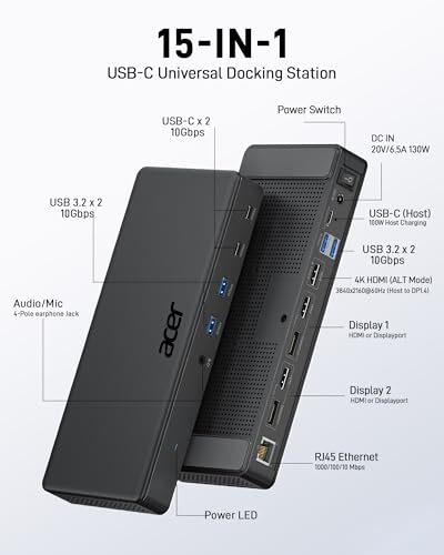 Acer 15-in-1 Laptop Docking Station Support DisplayLink Triple Monitors, USB C Docking Station, 130W Power Adapter, 10Gbps Data Transfer, 1Gbps Ethernet for MacBook Pro/Air, Acer Laptops, PC and More