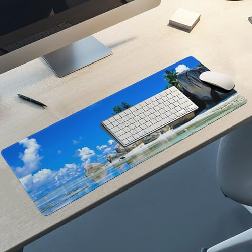 Beaches Scene France Seychelles Large Extended Gaming Mouse Pad (12x31.5in) - Durable Stitched Edges XXL Desk Mat for Keyboard and Mouse - Water Resistant & Non-Slip Rubber Base - color: black-3, size: 12x31.5in