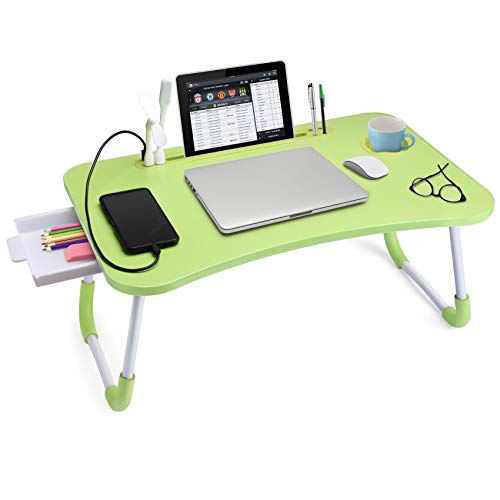 Slendor Lap Desk with Tablet Slot, Foldable Laptop Table with Storage Drawer for Bed，Portable Bed Desk for Laptop, Computer Tray with Cup Holder Notebook Stand Reading Holder for Couch Floor, Green - color: Green