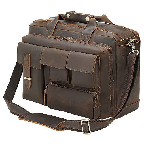 TIDING Full Grain Leather Briefcase For Men 17 Inch Laptop Case Business Travel Office Messenger Shoulder Bag - color: Dark Brown