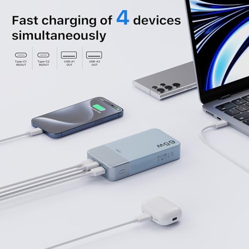 JUOVI Portable Charger 65W Power Bank 20000mAh Compact USB C Laptop Power Bank Fast Charging Battery Pack for Laptop MacBook Dell XPS iPad Tablet Steam Deck iPhone 17/16/15/14 Series Samsung and More - color: Blue