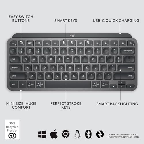 Logitech MX Keys Mini Minimalist Wireless Illuminated Keyboard, Compact, Bluetooth, Backlit, USB-C, Compatible with Apple macOS, iOS, Windows, Linux, Android, Metal Build - Graphite - color: Graphite, style: MX Keys Mini
