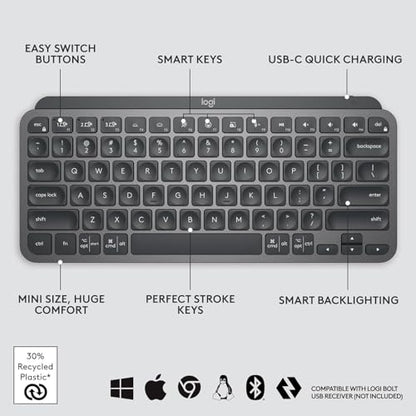Logitech MX Keys Mini Minimalist Wireless Illuminated Keyboard, Compact, Bluetooth, Backlit, USB-C, Compatible with Apple macOS, iOS, Windows, Linux, Android, Metal Build - Graphite - color: Graphite, style: MX Keys Mini