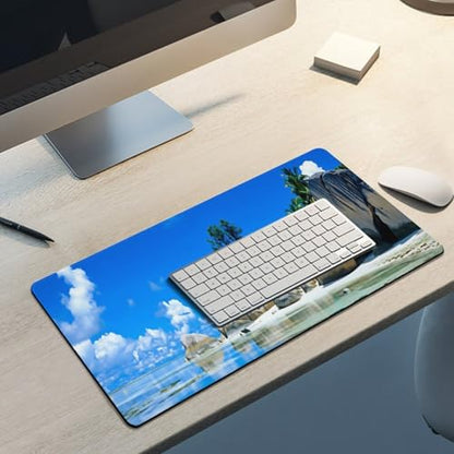 Beaches Scene France Seychelles Large Extended Gaming Mouse Pad (12x24in) - Durable Stitched Edges XXL Desk Mat for Keyboard and Mouse - Water Resistant & Non-Slip Rubber Base - color: black-3, size: 12x24in