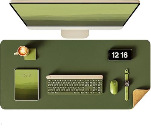 YSAGi Double-Sided Desk Pad, 35.4"x17"Leather Desk Mat, Eco Cork Desk Pad Protector,Large Mouse Pad,Waterproof Desk Blotter for Office/Home(Olive Green) - color: Olive Green+cork, size: 35.4"x17"