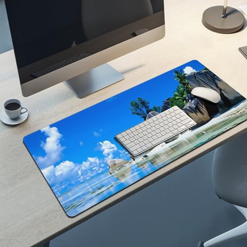 Beaches Scene France Seychelles Large Extended Gaming Mouse Pad (16x36in) - Durable Stitched Edges XXL Desk Mat for Keyboard and Mouse - Water Resistant & Non-Slip Rubber Base - color: black-3, size: 16x36in