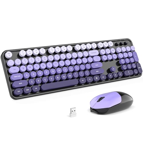 MOFII Wireless Keyboard and Mouse Combo, Full Size 2.4G Plug and Play Typewriter Retro Round Computer Keyboard and Mouse Set for Windows, Computer, Desktop, PC, Notebook - (Black Purple Gradient) - color: Black Purple Colorful