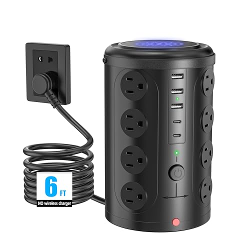Tower Power Strip Surge Protector with 16 Outlets and 5 USB Ports (2 USB-C), 6FT Extension Cord with Multiple Outlets,Heavy Duty Charging Station,Home Office Dorm Room Essentials. No Wireless Charging - color: Black, size: 6FT without wireless charging