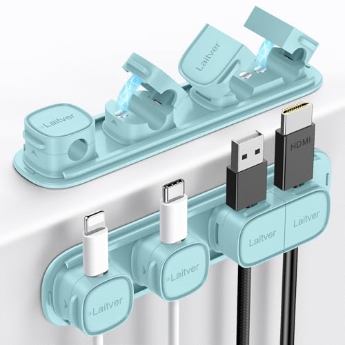 6 Pack Magnetic Cable Clips [1s Open/Lock], Laitver Cord Organizer Holder Strong Adhesive Desk Cable Management- Organize Charging Cords Neatly for Home, Office, Car,Desk, Nightstand-Blue - color: Blue