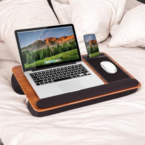 Lap Desk with Wrist Rest and Mouse Pad, Home Office Pro Laptop Tray for 15.6 Inch Laptops, Portable Desk with Phone Holder & Ergonomic Cushion for Bed, Couch, Espresso Woodgrain