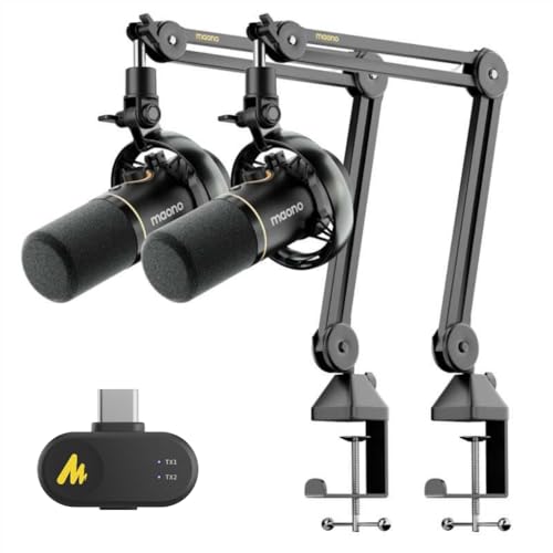 MAONO PD200W Hybrid Wireless Podcast Equipment Bundle for 2, Dynamic XLR USB Microphone Kit with 2 Boom Arm, Software, Noise Cancellation, for Co-hosted Podcast, Vocal Recording, Content Creation - style: PD200W-Boom Arm Bundle for 2(Type-C Receiver)