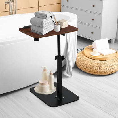 comfoyar C Shaped TV Tray for Couch, Adjustable Height Side Table with 360° Swivel 180° Flip for Small Space, End Table with Slat for Living Room Bedroom Laptop Snack. Walnut