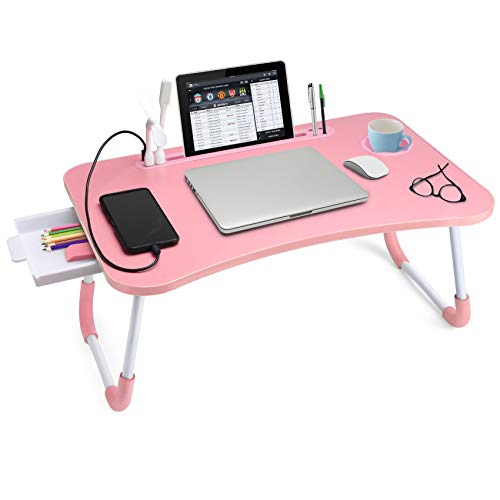 Slendor Lap Desk with Tablet Slot, Foldable Laptop Table with Storage Drawer for Bed，Portable Bed Desk for Laptop, Computer Tray with Cup Holder Notebook Stand Reading Holder for Couch Floor, Pink - color: Pink