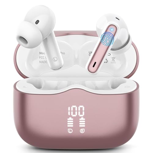 Wireless Earbuds, Bluetooth 5.4 Headphones in Ear with 4 ENC Noise Cancelling Mic, New Wireless Earphones HiFi Stereo Deep Bass 40H Playtime, In-Ear Bluetooth Earbuds LED Display IP7, USB-C, Rose Gold - color: Pink