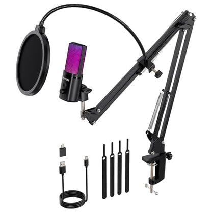 FDUCE Gaming USB Microphone, RGB Condenser mic with Mute, Gain, Monitoring, Boom Arm for Streaming, Podcast, Twitch, YouTube, PC, Computer, PS5, (M160+) - style: Mic with Boom Arm