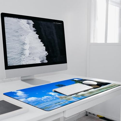 Beaches Scene France Seychelles Large Extended Gaming Mouse Pad (16x36in) - Durable Stitched Edges XXL Desk Mat for Keyboard and Mouse - Water Resistant & Non-Slip Rubber Base - color: black-3, size: 16x36in