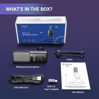FDUCE Gaming USB Microphone for PC,RGB Condenser Computer Mic with Tripod Stand,Quick Mute,Gain Control,Cardioid Mic for Streaming, Podcast, Twitch, YouTube, PC, Computer, PS5, (M160) - style: Mic with tripod