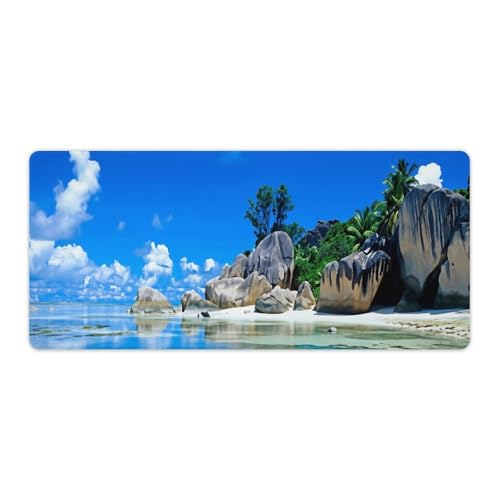 Beaches Scene France Seychelles Large Extended Gaming Mouse Pad (16x36in) - Durable Stitched Edges XXL Desk Mat for Keyboard and Mouse - Water Resistant & Non-Slip Rubber Base - color: black-3, size: 16x36in