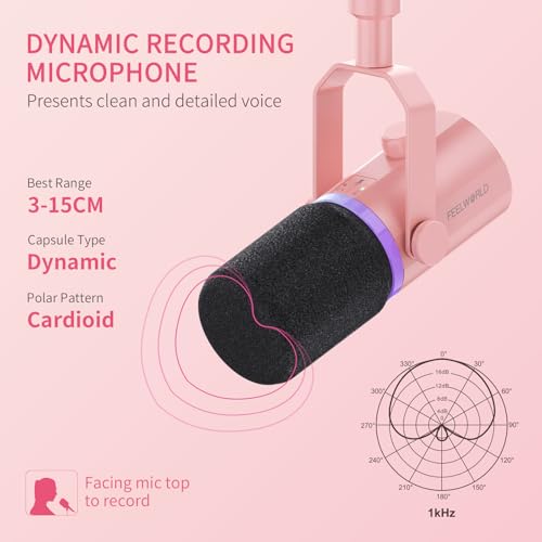 FEELWORLD PM1 XLR USB Dynamic Microphone with Boom Arm Gifts for Podcast Recording PC Computer Gaming Live Streaming Vocal Voice-Over, Studio Metal Mic, RGB Light, Mute Button, Headphones Jack (Pink) - color: Pink
