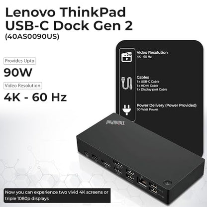 Lenovo 40AS0090US Thinkpad Docking Station Gen 2 - Supports 4K Display, 1 Year Warranty, Lenovo Docking Station with 90W Adapter, HDMI, USB-C, DisplayPort Cables - USB-C Thunderbolt 3 Dock (Renewed) - style: 40AS0090US