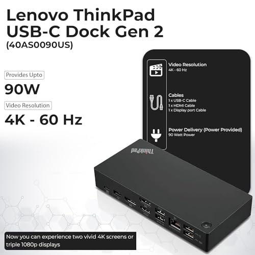 40AS0090US Lenovo Thinkpad Docking Station Gen 2-1 Year Warranty, Lenovo Docking Station for Laptop with 90W Adapter, HDMI, USB-C, DisplayPort Cables & Cloth - Universal Thunderbolt 3 Dock - style: Lenovo 40AS0090US New