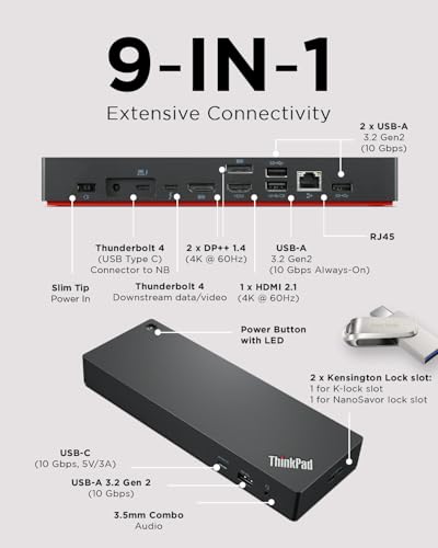 Lenovo ThinkPad Universal Thunderbolt 4 Dock, 4 Displays, Dynamic Power Charging up to 100W, Black