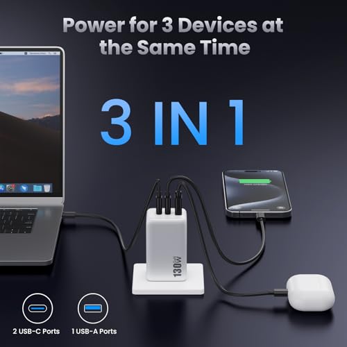 130W USB C Charger Block,GaN 3-Port Compact Wall Charger,Foldable Fast Charging Station,PD 65W USB C Laptop Charging for MacBook Pro/Air, Dell XPS, iPhone 16/15/14/13,iPad Pro,Galaxy S24/S23 (White) - color: B-White