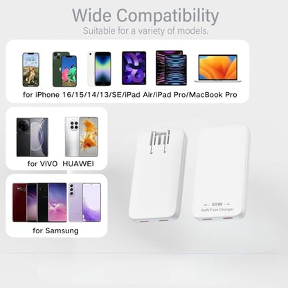 65W Flat Wall Chargers, Ultra Thin USB-A Dual Port Fast-Charging Compatible with All iPhone and Samsung Galaxy Phone Models, Folding Plug Power Adapter (USB-C+USB-C) - size: USB-C+USB-C