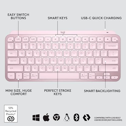 Logitech MX Keys Mini Minimalist Wireless Illuminated Keyboard, Compact, Bluetooth, Backlit, USB-C, Compatible with Apple macOS, iOS, Windows, Linux, Android, Metal Build - Rose - color: Rose, style: MX Keys Mini