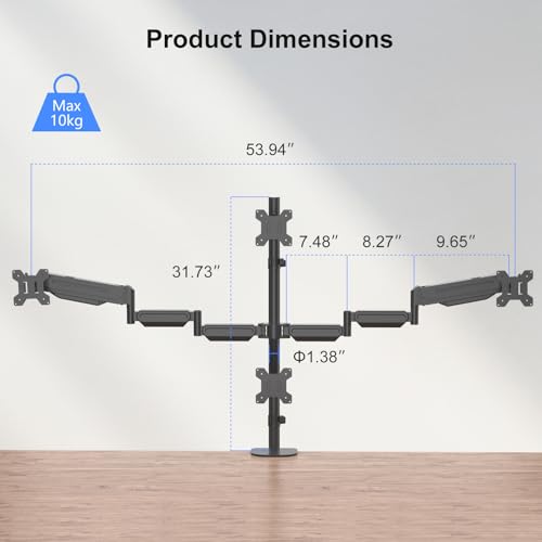Pholiten Quad 4 Monitor Arm Desk Mount for Max 32 inch Screens, Gas Spring Adjustment Monitor Stand with VESA 75x75mm, 100x100 mm, Clamp & Grommet Install Black MD18864 - style: 4 monitor mount
