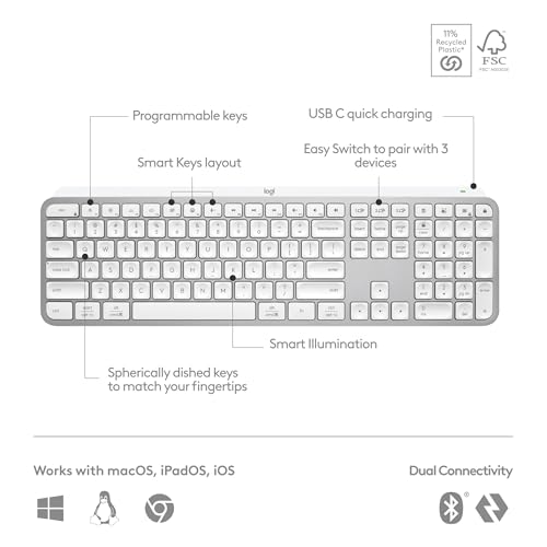 Logitech MX Keys S Wireless Keyboard, Low Profile, Fluid Precise Quiet Typing, Programmable Keys, Backlighting, Bluetooth, USB C Rechargeable, for Windows PC, Linux, Chrome, Mac - Pale Grey - color: Pale Grey, style: MX Keys S