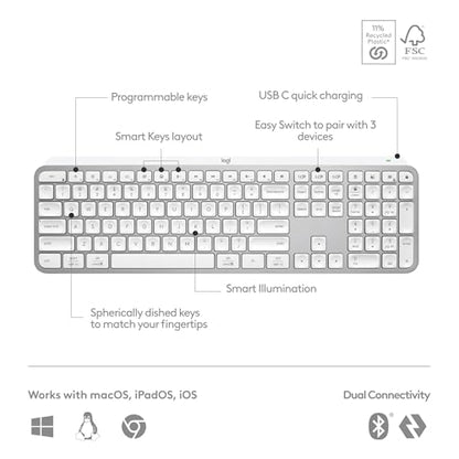 Logitech MX Keys S Wireless Keyboard, Low Profile, Fluid Precise Quiet Typing, Programmable Keys, Backlighting, Bluetooth, USB C Rechargeable, for Windows PC, Linux, Chrome, Mac - Pale Grey - color: Pale Grey, style: MX Keys S