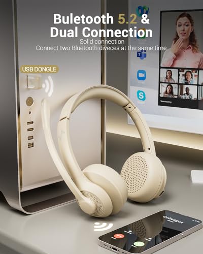 JIAMQISHI Wireless Headset with AI Noise Cancelling Microphone Bluetooth Headset - Bluetooth V5.2 Headphones with USB Dongle & Mic Mute for Computer/Laptop/PC/iPhone/Android/Cell Phones/Zoom-Apricot - color: Apricot