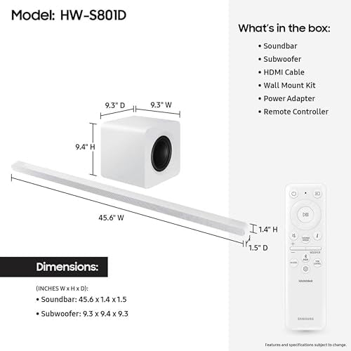 SAMSUNG S801D 3.1.2ch Soundbar w/Wireless Dolby Atmos Audio, Ultra Slim Design, Q-Symphony, SpaceFit Sound Pro, Adaptive Sound, Game Mode Pro with Alexa Built-in, HW-S801D/ZA - style: HW-S801D