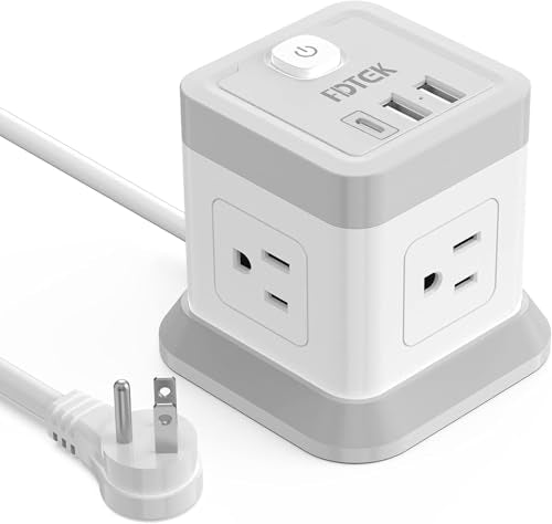 Power Strip with USB, FDTEK Flat Plug Extension Cord with 4 Outlets and 3 USB(1 USB C), 5 FT Power Cord Desktop Charging Station, Overload Protection, Compact Portable for Travel Home Office - color: White, size: 5FT
