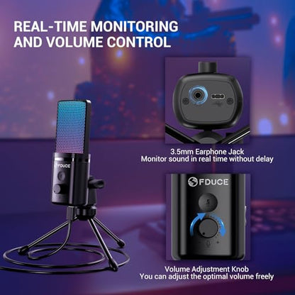 FDUCE Gaming USB Microphone for PC,RGB Condenser Computer Mic with Tripod Stand,Quick Mute,Gain Control,Cardioid Mic for Streaming, Podcast, Twitch, YouTube, PC, Computer, PS5, (M160) - style: Mic with tripod