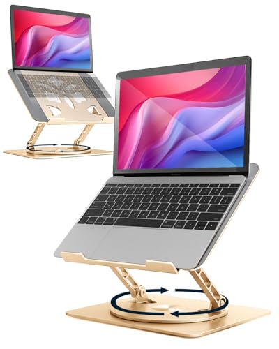 Aoviho 360° Rotating Laptop Stand for Desk | Adjustable, Foldable, Portable Aluminum Ergonomic Riser | Compatible with MacBook, Dell, HP & All Laptops 10-16 inch | Gold - color: Gold