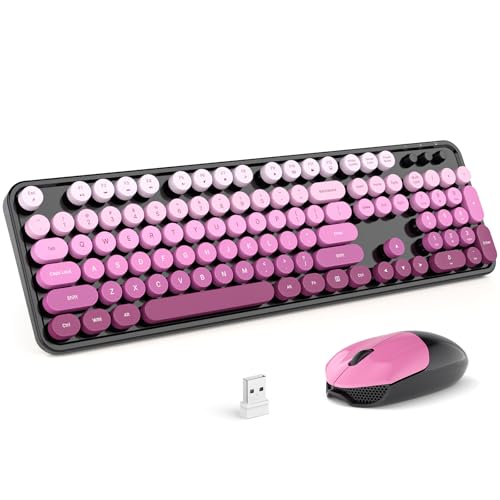 MOFII Wireless Keyboard and Mouse Combo, Full Size 2.4G Plug and Play Typewriter Retro Round Computer Keyboard and Mouse Set for Windows, Computer, Desktop, PC, Notebook - (Black Pink Gradient) - color: Black Pink Gradient