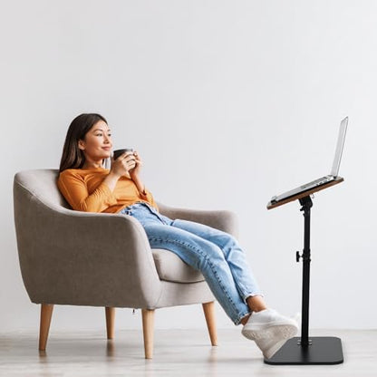 comfoyar C Shaped TV Tray for Couch, Adjustable Height Side Table with 360° Swivel 180° Flip for Small Space, End Table with Slat for Living Room Bedroom Laptop Snack. Walnut