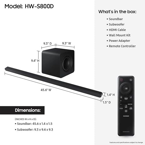 SAMSUNG S800D 3.1.2ch Soundbar w/Wireless Dolby Atmos Audio, Ultra Slim Design, Q-Symphony, SpaceFit Sound Pro, Adaptive Sound, Game Mode Pro with Alexa Built-in, HW-S800D/ZA - style: HW-S800D