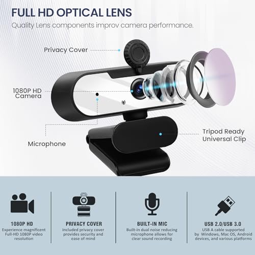 USB HD 1080P Video Webcam and Wide Angle Camera with Built-in Microphone and Rotatable Tripod,for Laptop Computer or Desktop PC,Great for Live Streaming.Calls.Video Conferencing(White) - color: white