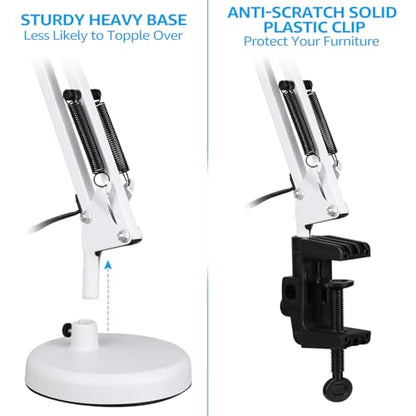 TORCHSTAR Metal Desk Lamp with Clamp, Swing Arm, Architect Adjustable Gooseneck Table Lamp, Clip Desk Lights for Home Office, Work, Study, Reading, E26 Base, Multi-Joint, White - color: White