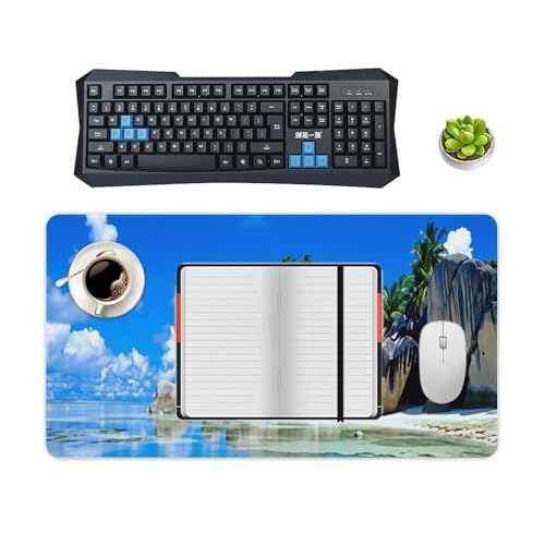 Beaches Scene France Seychelles Large Extended Gaming Mouse Pad (16x30in) - Durable Stitched Edges XXL Desk Mat for Keyboard and Mouse - Water Resistant & Non-Slip Rubber Base - color: black-3, size: 16x30in