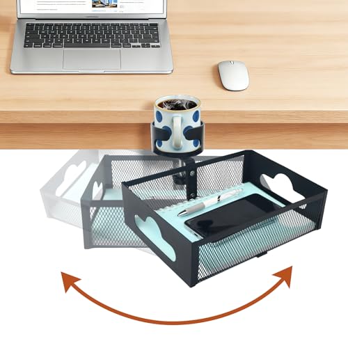 Under Desk Organizer 360° Swivel with Cup Holder, Clamp-On No Drill Installation, Sturdy Mesh Storage Drawer for Office,Drawing Room and Kitchen Room,Art Supplies and More (Black) (with Cup Holder) - size: with holder cup