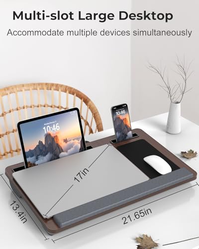 Potuopy Lap Desk - Up to 17” Laptop Tray with Wrist Rest, Portable Handle, Fixed Mouse Pad, Tablet & Phone Slots, Laptop Lap Desk with Cushion (Dark Brown) - color: Dark Brown